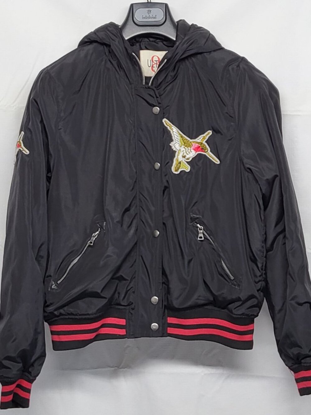 Ultim 8 Bomber Jacket Womens Junior Size XL Hummingbird Patched Ful Zip Snap